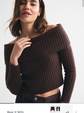 Abercrombie Off-Shoulder Ribbed Cropped Sweater - Brown